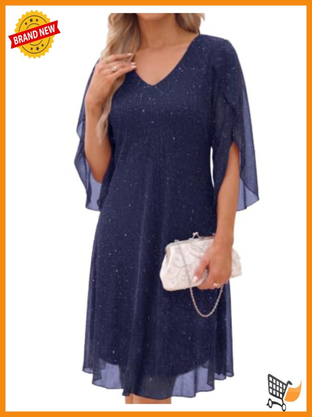 Womens Sequin Mesh V-Neck Flutter Sleeve Midi Cocktail Dress